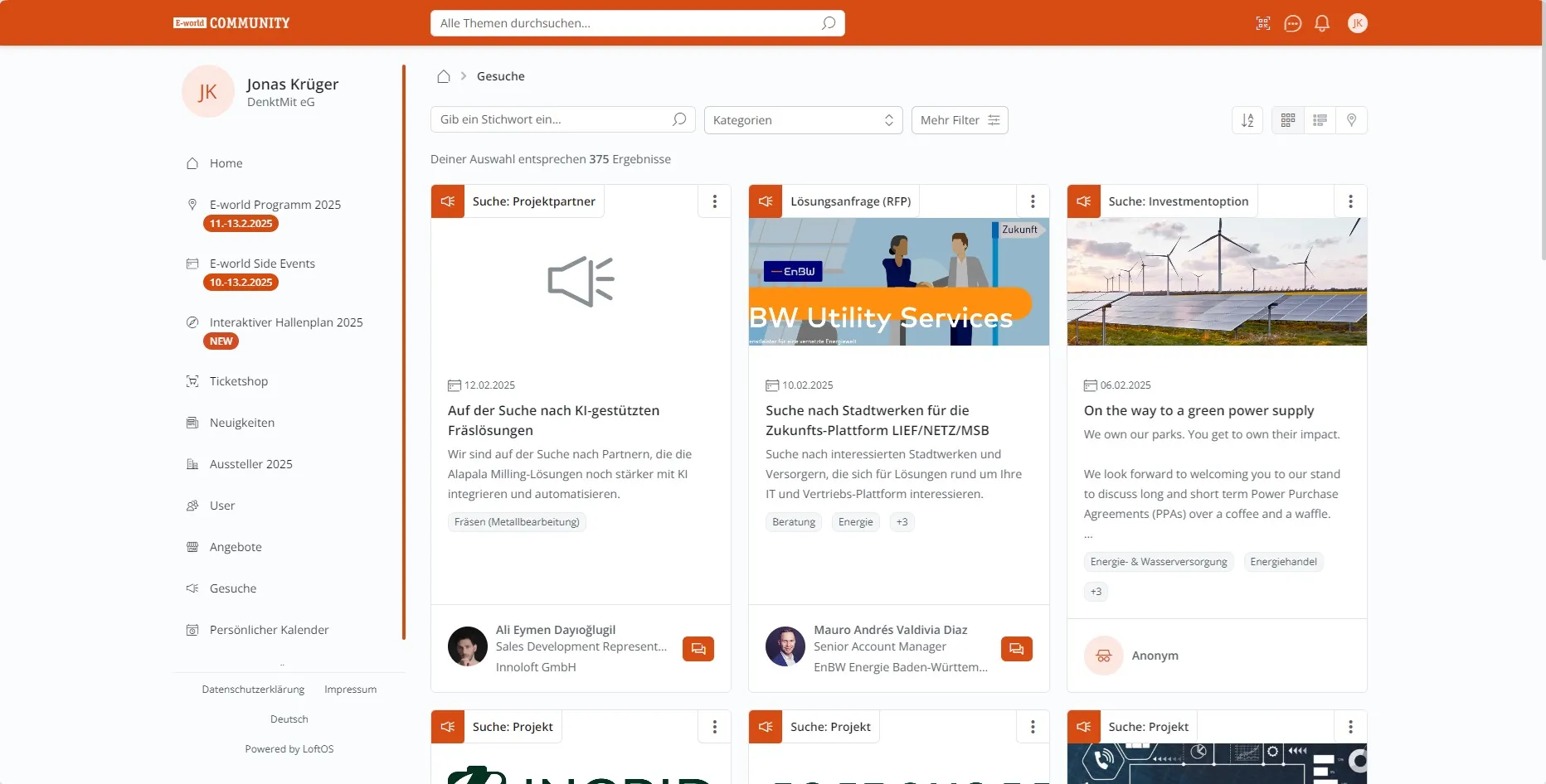 Screenshot des digitalen Messeangebots der E-world 2025